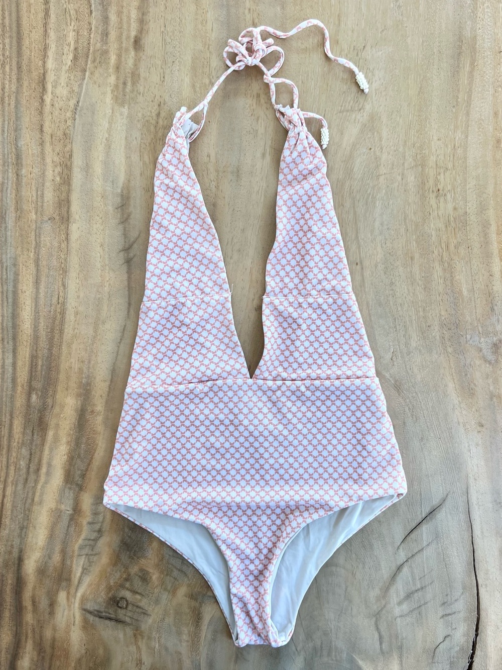 Tavik Emme Halter Deep V One Piece Beige Taupe Print Swim Suit XS SRP $168